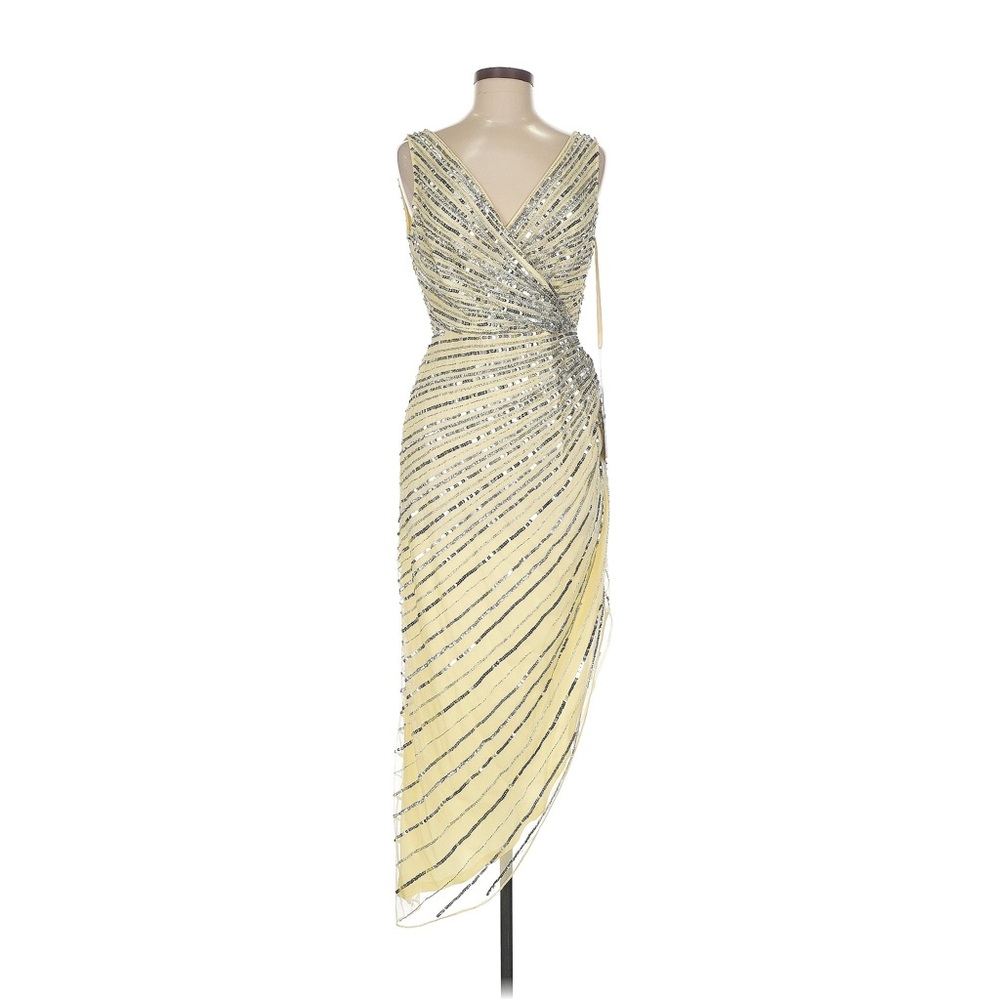 Size 6 NWT Mac Duggal 5757 Nude Silver Sequin Faux Wrap Midi Dress